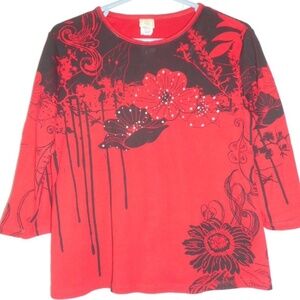 Red Black Floral Knit Top Jess & Jane Size Medium